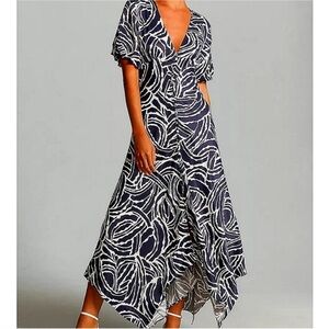 By Anthropologie Short-Sleeve V-Neck Button Front Midi Dress Navy White size 10